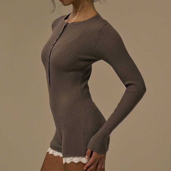 Women's Rib Knit Lace Trim Fitted Long Sleeve Playsuit romper - Picture 3 of 5
